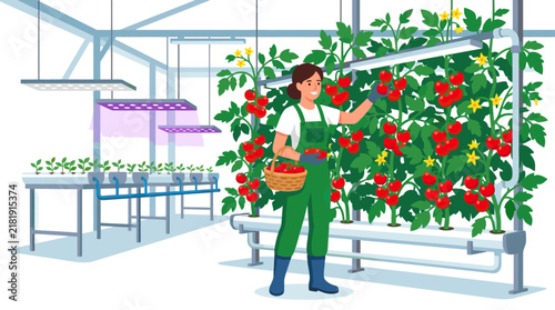 Canvastavla Woman Harvesting Tomatoes in Hydroponic Greenhouse with LED Grow Lights - Sustai