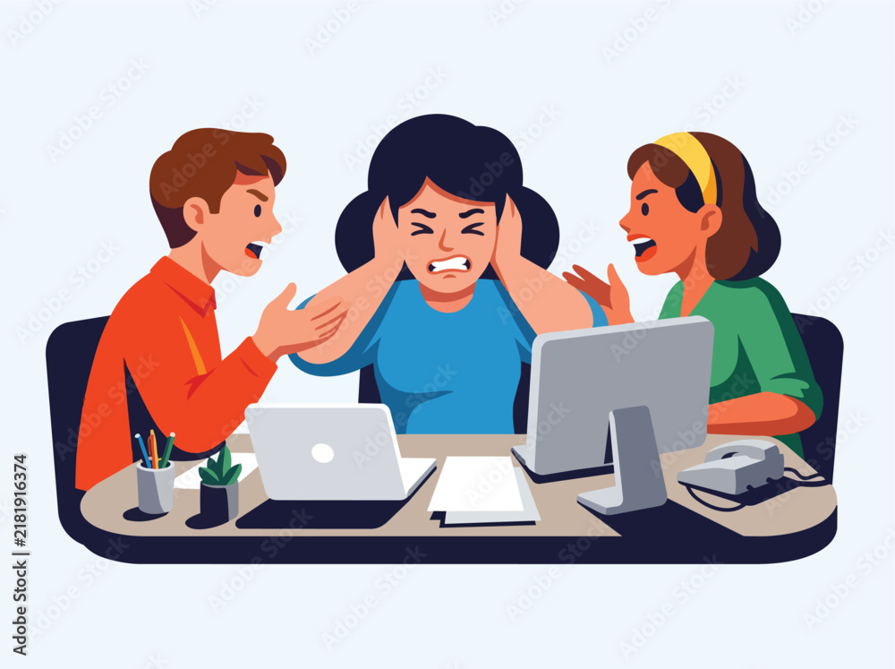 Fototapeta premium Stressed coworkers discussing computer issues together