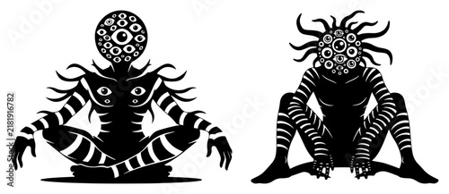 Konstfotografi Surreal Occult Entities with Multiple Eyes, Meditating Dark Creature and Crouchi
