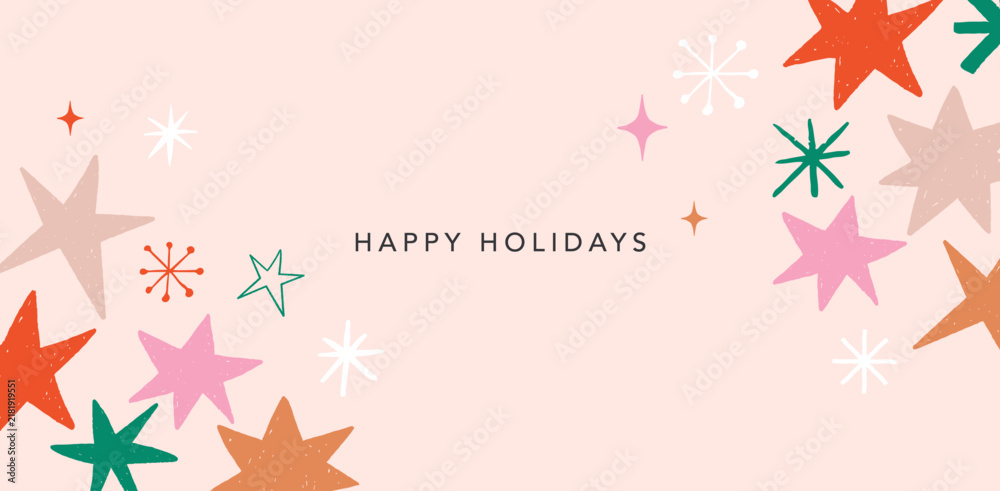Obraz premium Colorful hand drawn Happy Holidays banner frame template with stars and snowflakes doodles. Nordic folk vector Christmas background