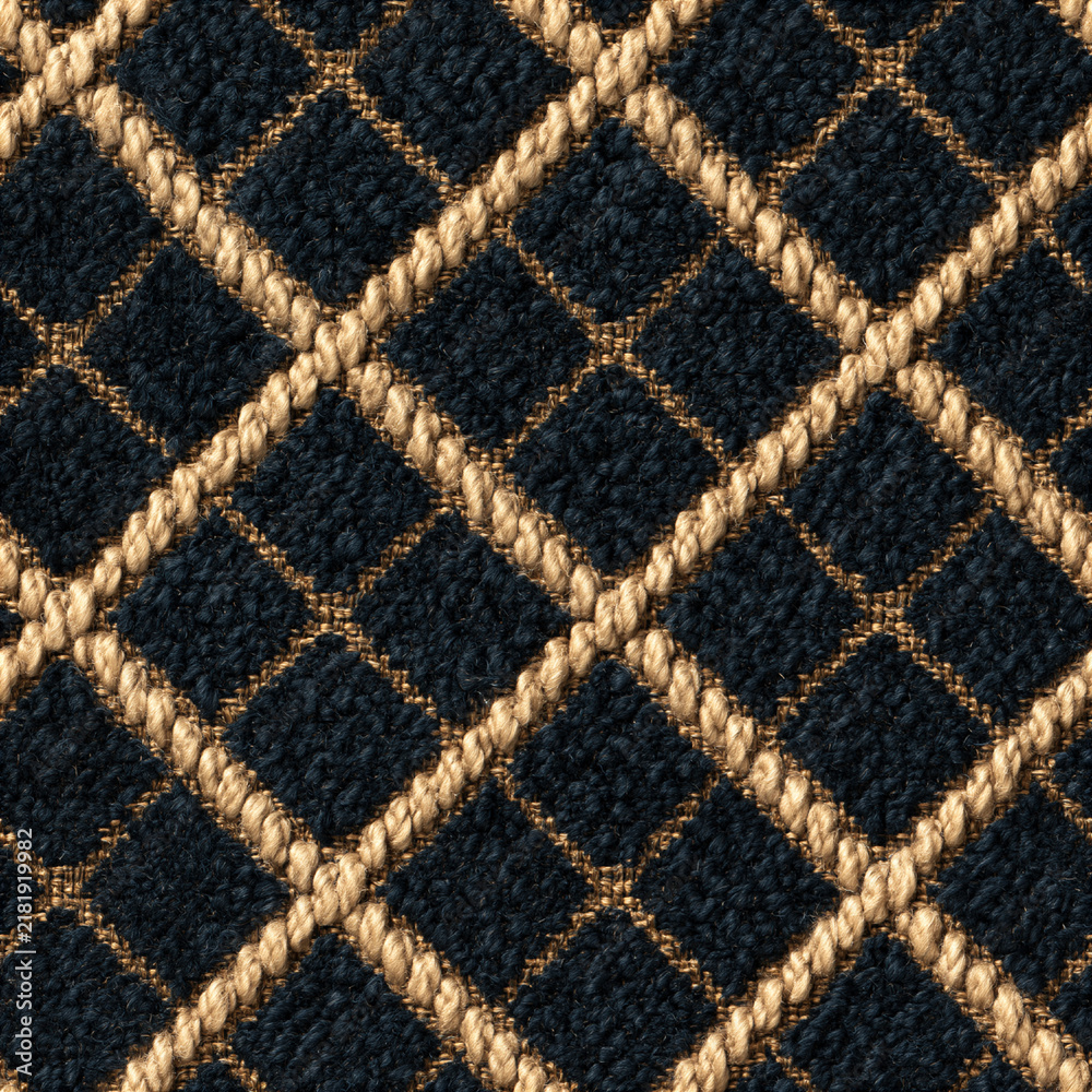 Fototapeta premium Seamless pattern dark blue carpet with a beige rope diamond pattern. Presenting a woven textile texture for design and background use