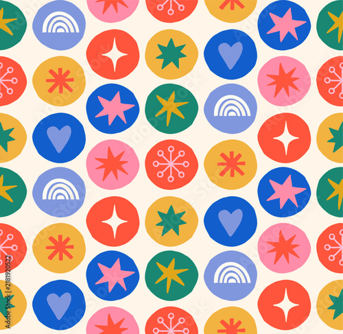 Seamless Christmas ornaments pattern with colorful hand drawn stars, snowflakes, hearts and rainbow retro shapes. Playful doodles vector background for textiles and holiday packaging