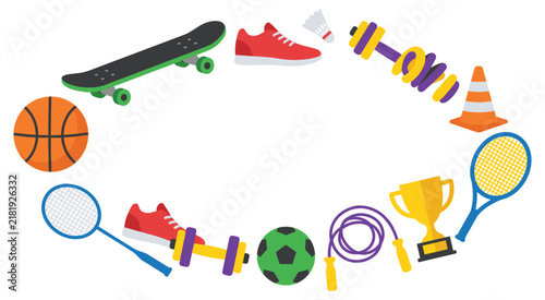Colorful active sports equipment circular frame design concept.