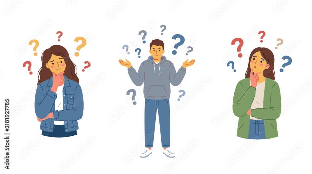 Fototapeta premium Three people confused with question marks floating around their heads, symbolizing uncertainty and doubt.