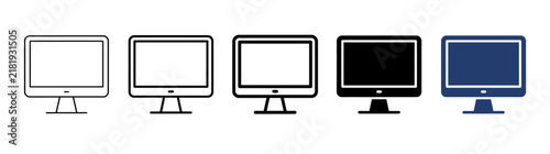 Set of computer monitor icons in outline, filled, and solid styles. Desktop screen graphic symbols.