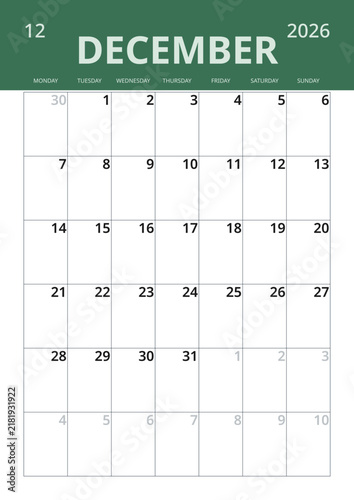 December 2026 English Clean Minimalist Monthly Calendar Grid Simple Office Schedule Planner (Compatible with 2037 and 2043).