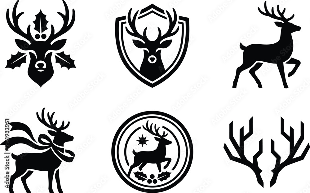 Obraz premium Collection of vintage black deer silhouettes and antler emblems perfect for design elements isolated on transparent background