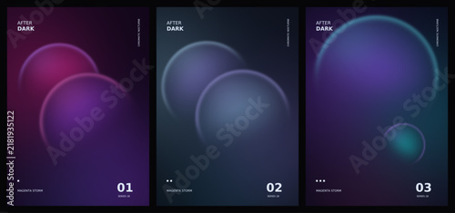 Three dark portrait posters with magenta and blue gradients and offset glowing circles, softly dissolved edges and pale typography on deep backgrounds