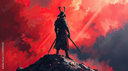 A lone warrior in traditional armor overlooks a vast landscape from a rocky summit as the sky explodes in vivid red hues a powerful and striking moment