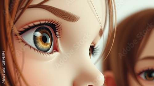 Two animated characters exhibit intricate details in their eyes showcasing emotion and expression set against a soft background color