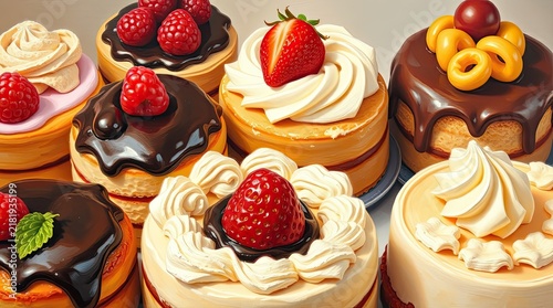 A vibrant variety of mini cakes topped with fresh fruits and creamy frosting sits attractively at a dessert shop showcasing sweet delights for customers