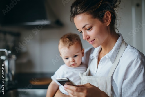 Busy mother holding baby and checking smartphone in kitchen. Mom cooking with recipe on phone