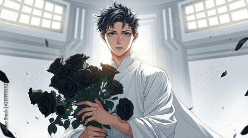 A young man in white clothing stands holding a bouquet of black roses in a luminous hall surrounded by floating petals for a calming atmosphere
