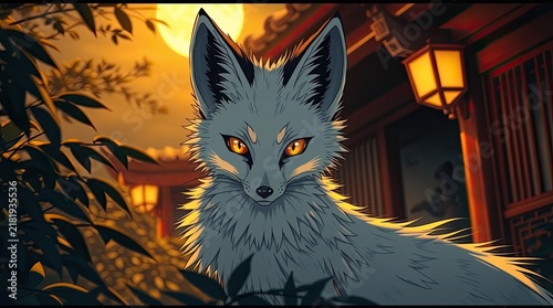 A striking fox with luminous eyes stands surrounded by foliage in a serene setting illuminated by a full moon and traditional lanterns