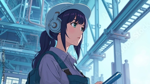 A young woman wearing a cap and headphones stands in a high tech industrial setting focused on her tablet in hand while observing her surroundings