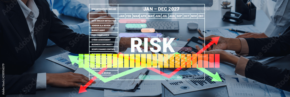 Fototapeta premium Business Meeting Analyzing Risk Management Data with Graphs and Charts for the Year 2027 in a Modern Office Environment. Sentient.