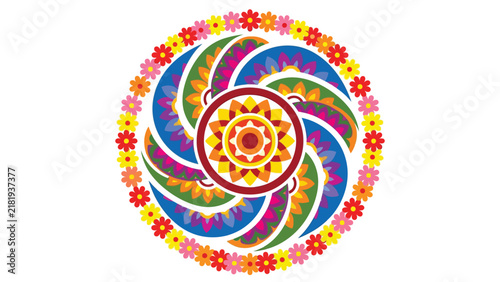 Vibrant floral pookalam pattern with colorful swirled petals and blooming flower border, concept for Onam festival celebration, traditional Indian greeting cards, cultural poster backgrounds, and
