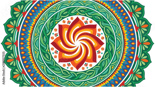 Vibrant traditional Pookalam pattern with intricate circular floral mandala design, colorful petal motifs, and artistic geometric rings, concept for Onam festival celebration, ideal for festive