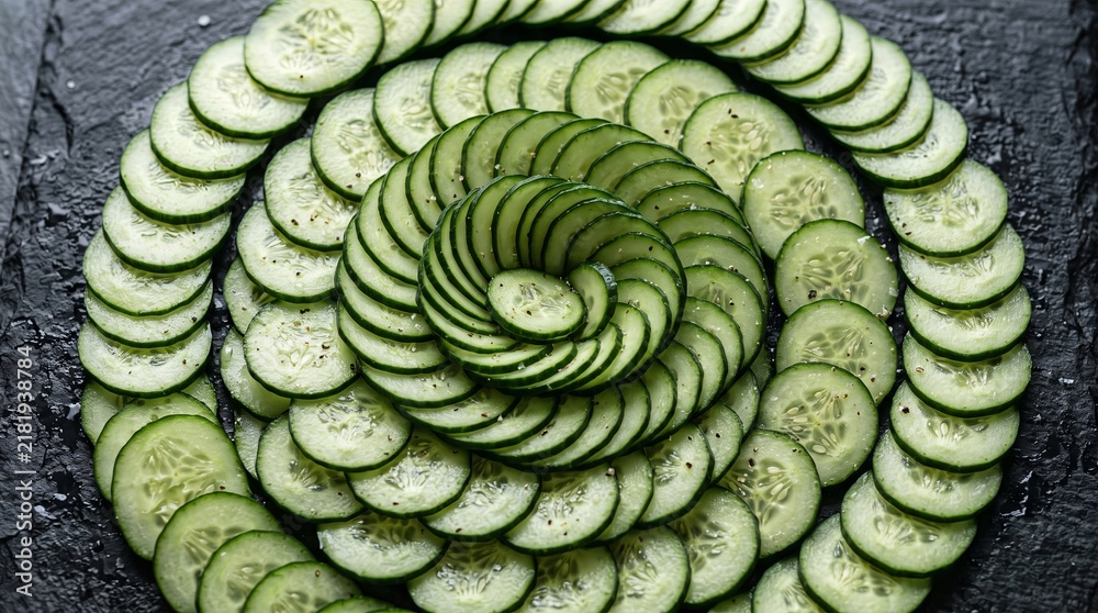 Fototapeta premium Thin cucumber slices in spiral arrangement on dark slate with salt and black pepper
