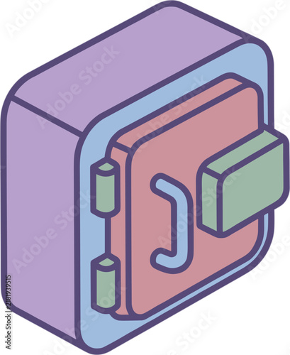 Isometric illustration of a locked safe, security vault with handle