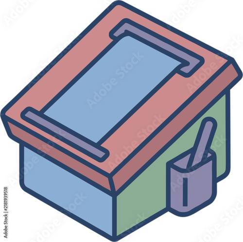 Isometric illustration of a printing screen, art easel, and small