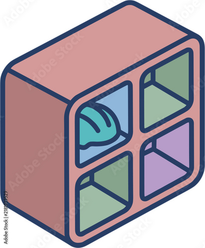 Isometric illustration of a shelving unit with one compartment