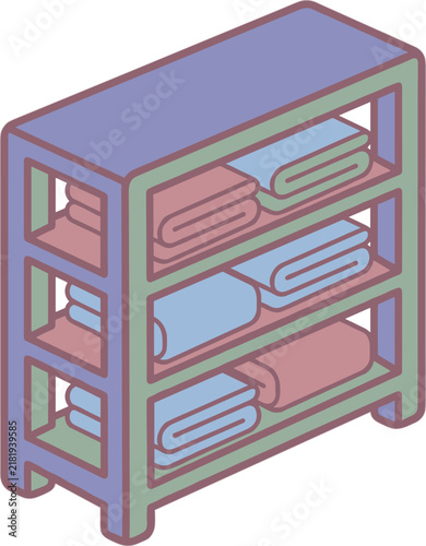 Isometric shelving unit with neatly folded textiles, storage solution