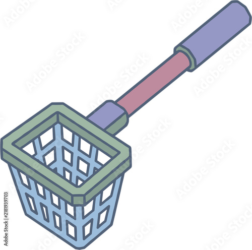 Simple cartoon illustration of a butterfly net with a blue net, red