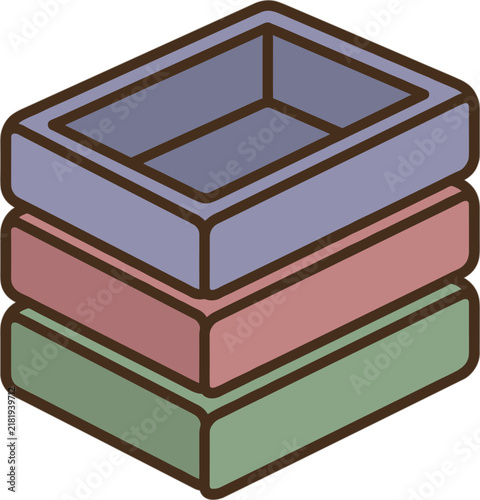 Stacked isometric rectangular containers with different colored