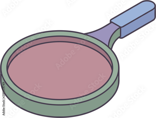 Simple isometric frying pan with purple handle and green rim, cooking