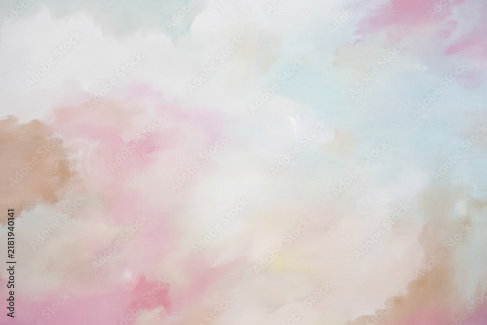 Fototapeta premium Abstract oil painting featuring soft pastel colors of pink, blue, and brown, creating a smooth and gentle background texture