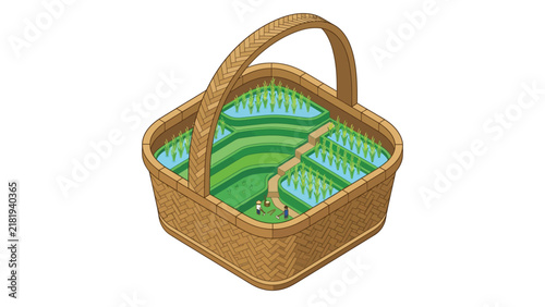 Isometric vector basket with green terraced rice field icon and farmers inside, concept for sustainable agriculture and harvest, suitable for farm branding and food infographics