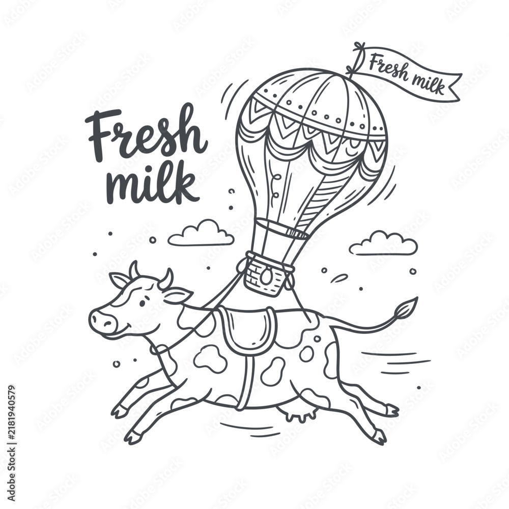 Fototapeta premium Whimsical Cow Ascends Skyward Aboard Delightful Hot Air Balloon Adventure