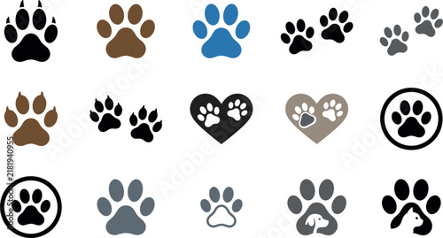 Animal paw print flat vector icon set with diverse dog cat footprint tracks and clawed wild animal badges