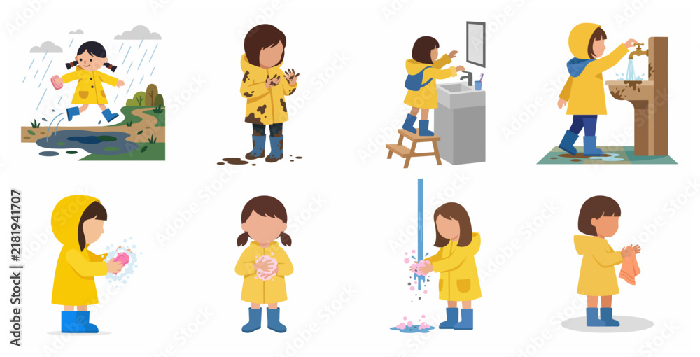 Fototapeta premium Little girl in yellow raincoat playing in mud and washing hands sequence vector illustration for kids hygiene and health education