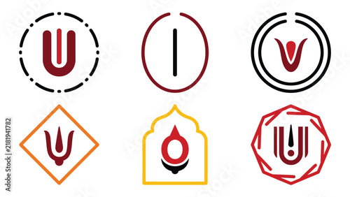 Traditional Hindu tilak symbol vector set with minimalist red religious mark icons inside geometric frames, concept for sacred Indian spirituality, ideal for festival design, temple branding and puja