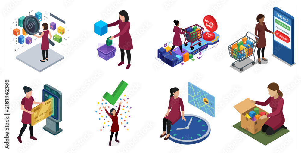 Fototapeta premium Isometric Online Shopping and E-commerce Customer Journey Illustration Set Featuring Search, Cart, Checkout, Credit Card Payment, Tracking, and Unboxing Stages