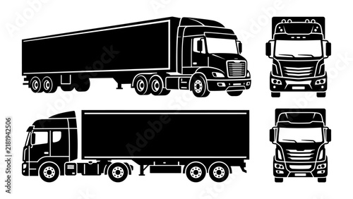 Four showing semi-trucks from side front views, isolated on background, for logistics and, transportation concepts