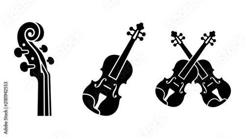Collection violin musical instrument scroll violin, single violin, two crossed violins, silhouettes on background, for music
