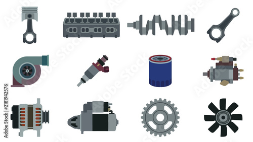 Modern engine mechanical truck parts icon collection with flat vector illustrations of piston, turbocharger, crankshaft, starter motor, and filter, concept for garage service, ideal for automotive