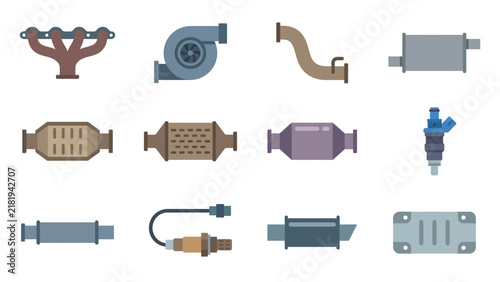 Modern automotive component set featuring flat vector icons of exhaust pipes, turbochargers, catalytic converters, and oxygen sensors on a clean white background, concept for vehicle maintenance and