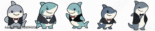 A set of cute and funny vector shark poses, featuring the sharks dressed in tuxedos.