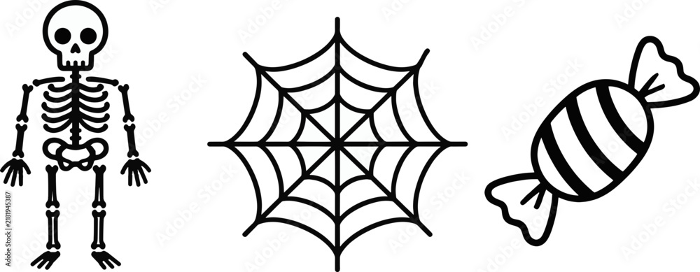 Fototapeta premium Halloween icon set featuring a skeleton, spider web, and candy in a simple black and white design