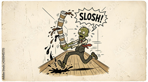 Cartoon Zombie Office Worker Spilling Stack of Coffee Cups