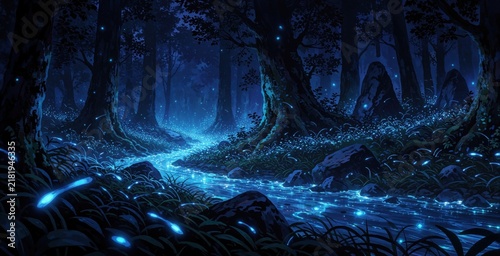 Dark forest at night with glowing blue fireflies. Magical light shines on stream, forest floor. Enchanted woodland scene with sparkling insects, trees, mossy rocks. Mystical blue atmosphere creates