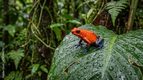 Vibrant Poison Dart Frog with Blue Legs Perched on a Wet Leaf in a Lush Rainforest