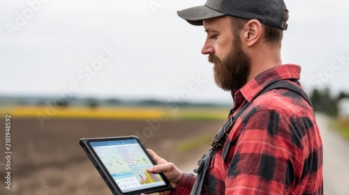 Young male farmer uses digital tablet for precision agriculture analysis in rural field showcasing modern farming technology and data management practices