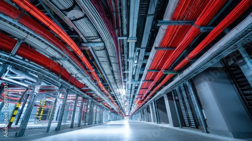 Intricate Network of Bright Red Cables in Industrial Data Center with Modern Architecture and Converging Lines Giving a Futuristic Feel to the Environment