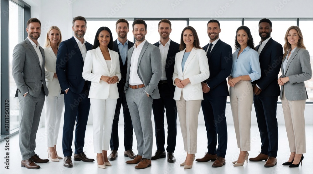 Obraz premium Diverse group of business professionals stand together in modern office. Smiling colleagues in elegant suits, formal attire pose for team portrait. Successful corporate employees work in stylish