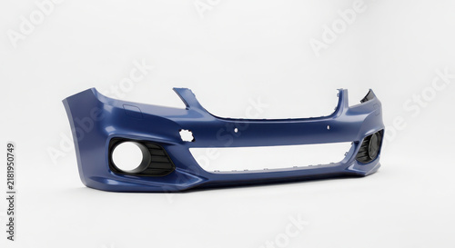 Sleek dark blue painted front car bumper, an essential automotive replacement part for vehicle body repair, on white background. on white background